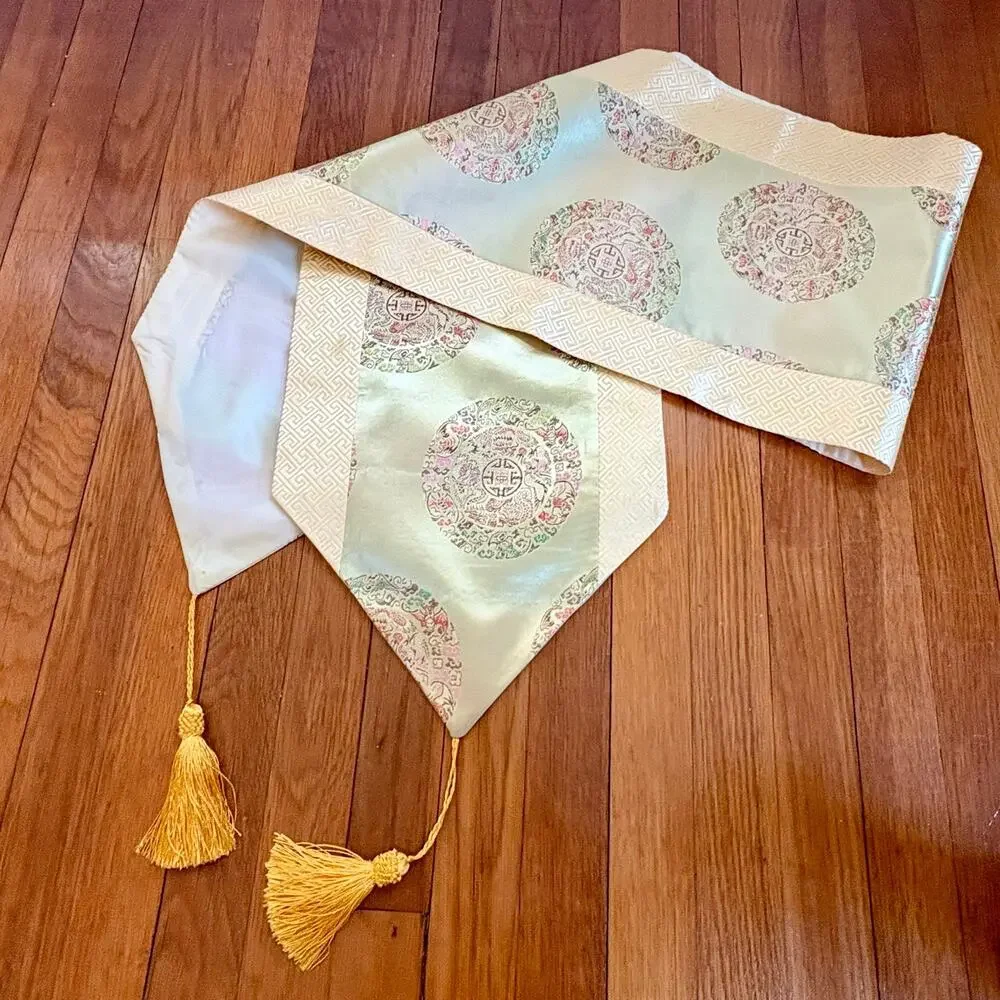 Vintage Asian Silk Brocade Table Runner Gold Tassels Chinoiserie